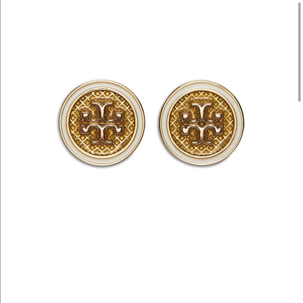 Tory Burch Kira White & Gold Circle Stud Earrings